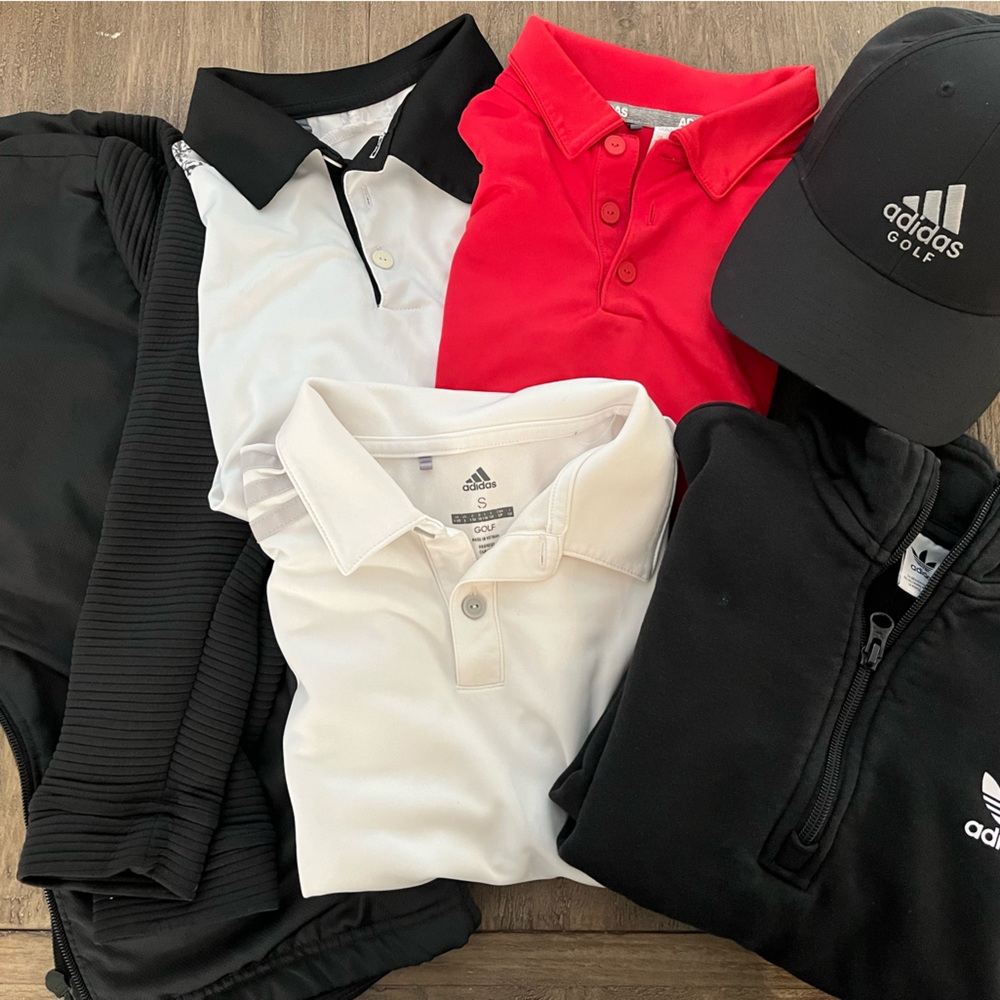 Kids Adidas Golf outfit- Polos, sweatshirt, jacket, golf hat - 6 items